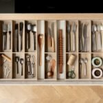 Organized kitchen pull-out drawer with wooden inserts and cutlery